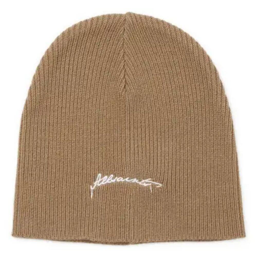 AllSaints Embroidered Script Logo Beanie in Dusty Olive Green